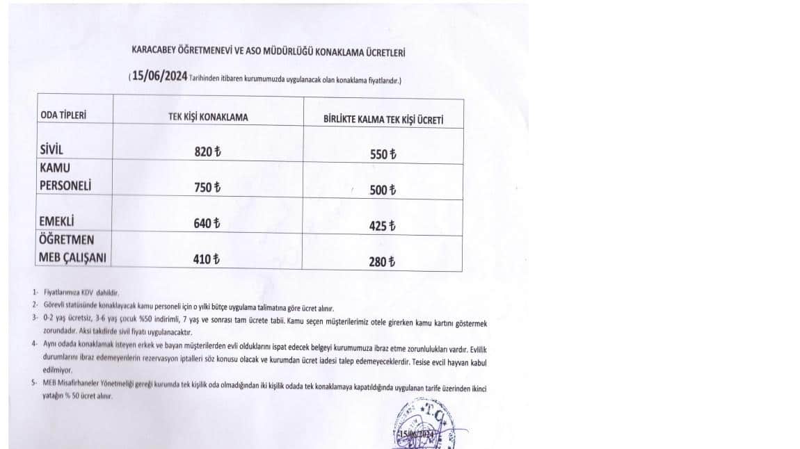 KARACABEY ÖĞRETMENEVİ ASO MÜDÜRLÜĞÜ KONAKLAMA ÜCRETLERİ